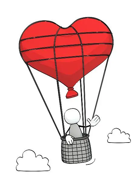 Photo of little sketchy man flying in a heart-shaped captive balloon
