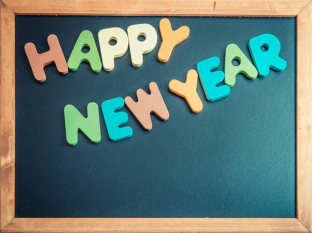 istock Happy new year wooden word on black board 532353685