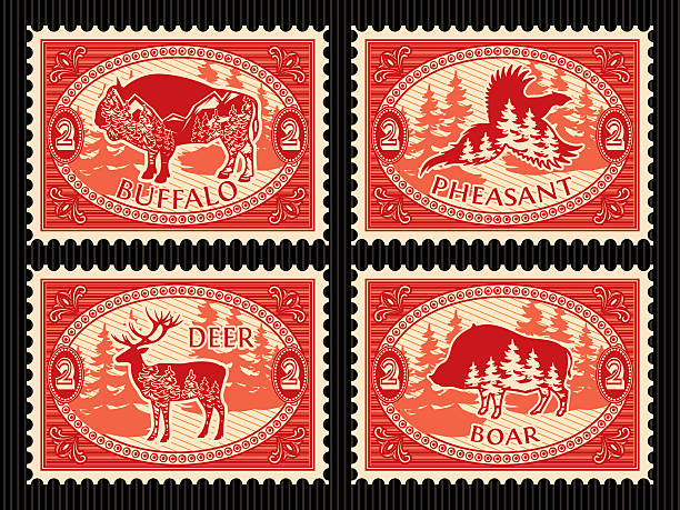 image wild boar, deer, bison with landscape of mountains, forest stylized image of wild boar, deer, bison with landscape of mountains, forest bull pine stock illustrations