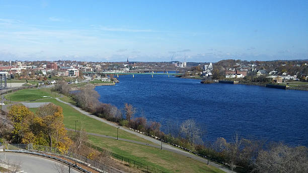 Bangor by the Blue Penobscot River in Fall stock photo