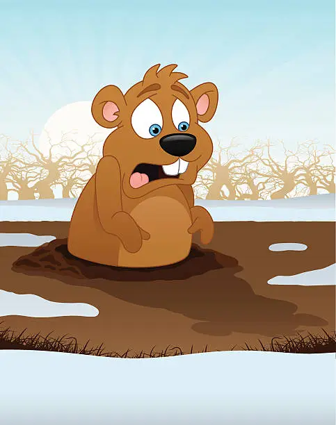 Vector illustration of Cartoon groundhog coming out of ground and seeing its shadow