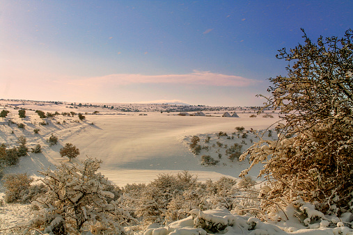 Rural landscape winter. Alta murgia national park: snowy hills.-(apulia) italy-