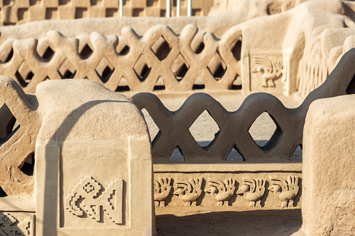 Details of the stunning adobe architecture in Chan Chan in Trujillo, Peru