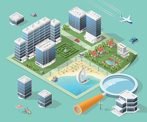 ilustrações, clipart, desenhos animados e ícones de construa seu próprio isometric cidade. - magnifying glass low scale magnification glass three dimensional shape