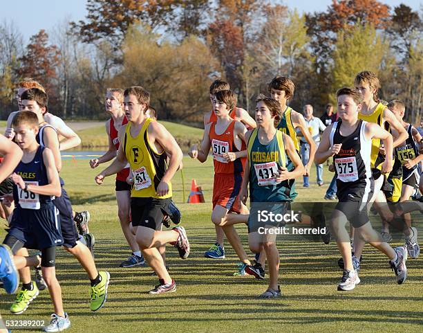 Boys High School Cross Country Meet Stock Photo - Download Image Now - Activity, Adult, Autumn