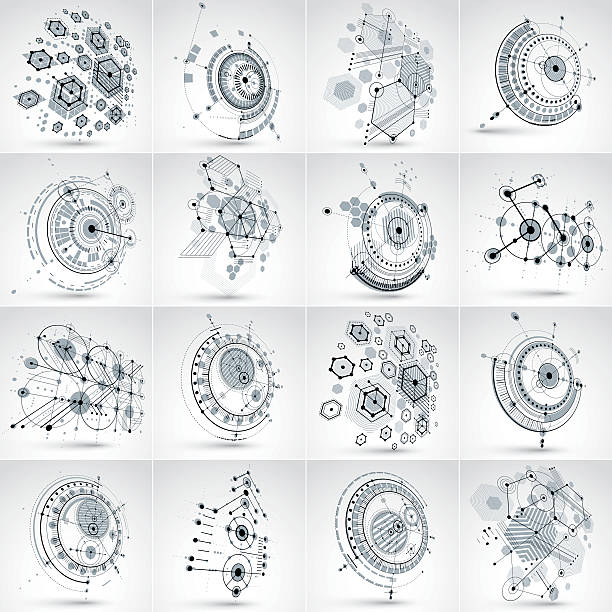 ilustrações, clipart, desenhos animados e ícones de conjunto de modular bauhaus vetor 3d fundo de círculos e linhas. - circle digital composite abstract pattern