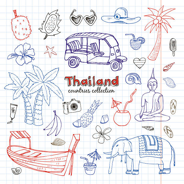ręcznie narysowane bazgroły tajlandii zestaw podróżny - bangkok thailand asia water taxi stock illustrations
