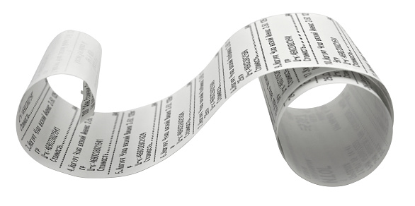 Fiscal receipt isolated on white background. Clipping path included.