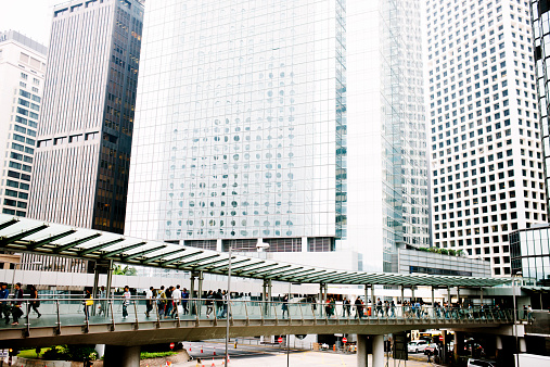 An elevated pedestrian walkway, International Finance Centre Mall, Hong Kong. 