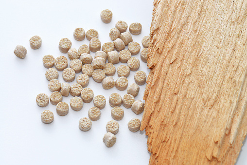 Biopolymer pellets for injection molding with wood
