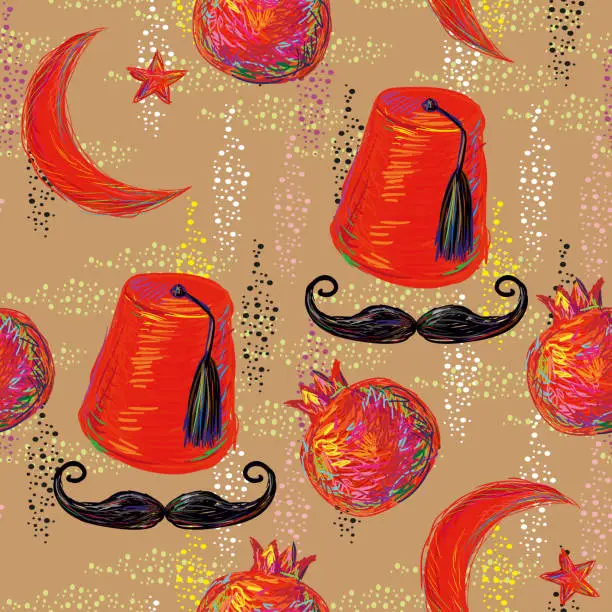 Vector illustration of Turkish seamless pattern with pomegranate, fez, mustache and Crescent and Star