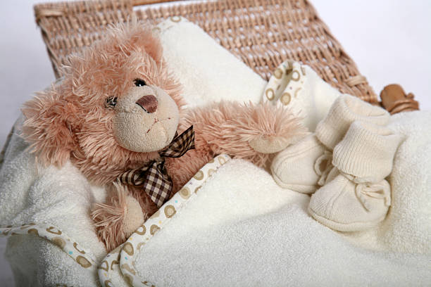 istock Fluffy sad bear in basket on  white blanket and slippers 532397179