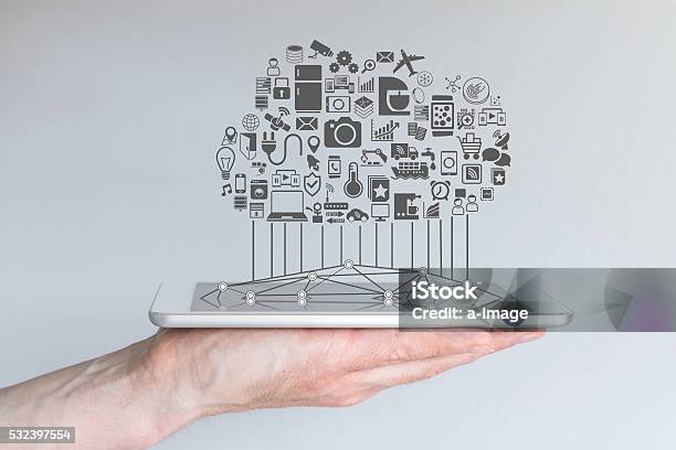 Tablet With Cloud Of Connected Devices For Internet Of Things Stock Photo - Download Image Now