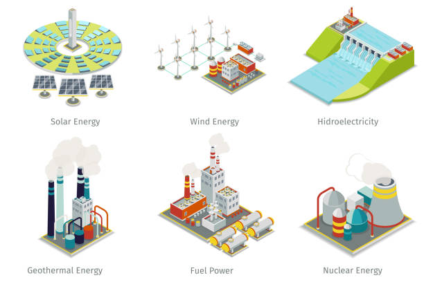 ilustraciones, imágenes clip art, dibujos animados e iconos de stock de planta de energía iconos. generación de electricidad de plantas y fuentes - nuclear energy nuclear power station wind turbine energy