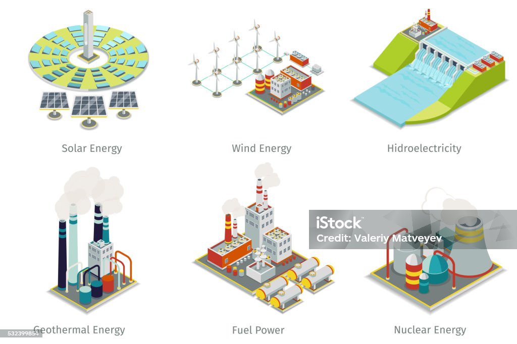 Power plant icons. Electricity generation plants and sources Power plant icons. Electricity generation plants and sources. Electricity energy, hydroelectricity energy, geothermal energy, solar and wind energy. Vector illustration Isometric Projection stock vector