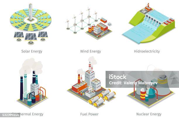 Power Plant Icons Electricity Generation Plants And Sources Stock Illustration - Download Image Now