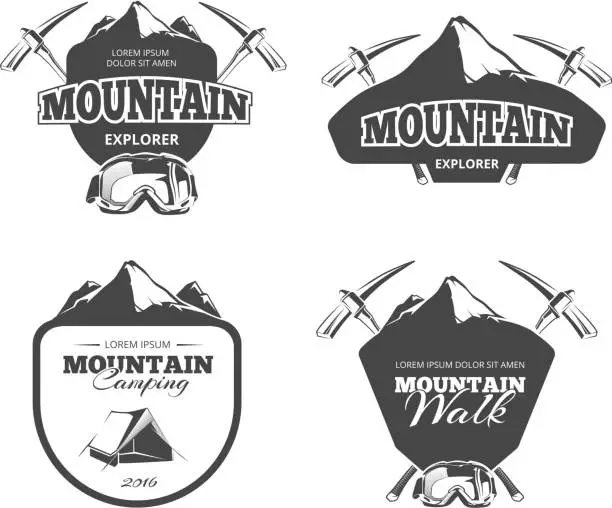 Vector illustration of Vintage mountain camping, mountaineering vector emblems, labels, badges, logos set