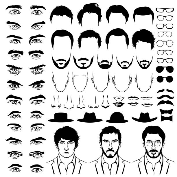 ilustrações, clipart, desenhos animados e ícones de construtor com homem hipster cortes de cabelo, copos, barbas, bigodes - men human hair portrait human eye