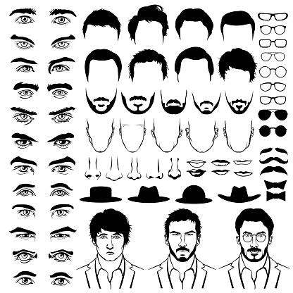 Constructor with men hipster haircuts, glasses, beards, mustaches. Man fashion, man construct, man hipster haircut illustration. Vector flat style