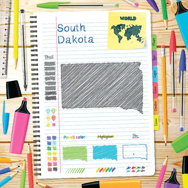 Vector illustration of South Dakota maps hand drawn on notebook. Wooden Background