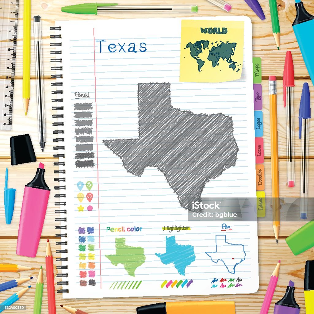 Texas maps hand drawn on notebook. Wooden Background Map of Texas hand drawn on notebook. Top view of a wooden desk with office supplies, notebook, ruler, pencil color, pen, various pencil, ballpoint pen, highlighter, sticky note. Adhesive Note stock vector