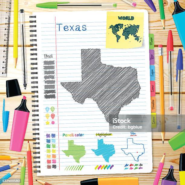 Texas Maps Hand Drawn On Notebook Wooden Background Stock Illustration - Download Image Now