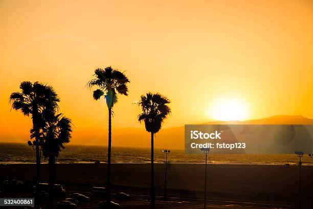 Sunset Over Santa Monica California Usa Beach Coast Hill Silhouette Stock Photo - Download Image Now