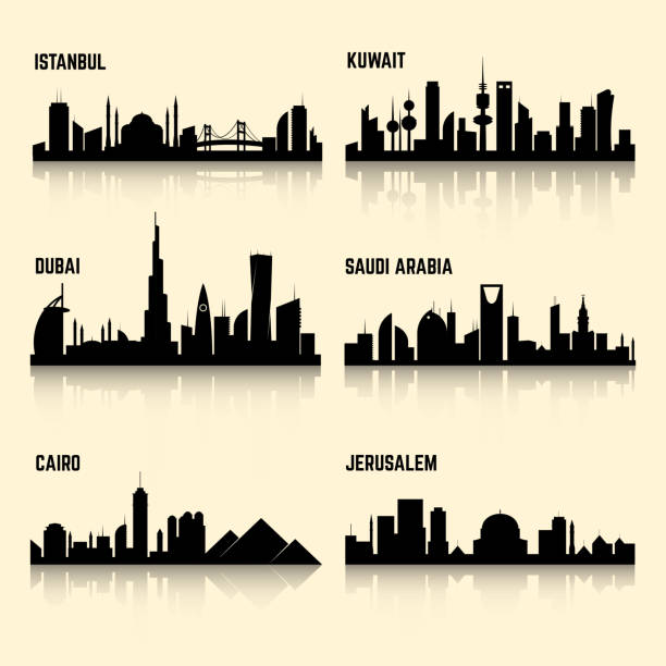 Middle East cities vector set Middle East cities vector set. Jerusalem city, kuwait city, istanbul city, cairo city, saudi arabia and dubai city illustration israel skyline stock illustrations