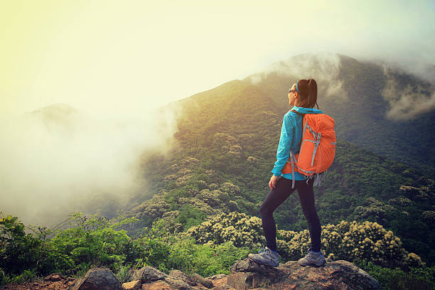 istock young woman backpacker hiking at forest mountain top 532401680