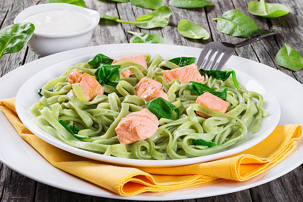 istock Salmon and Spinach Fettuccine pasta on white dishes 532402578