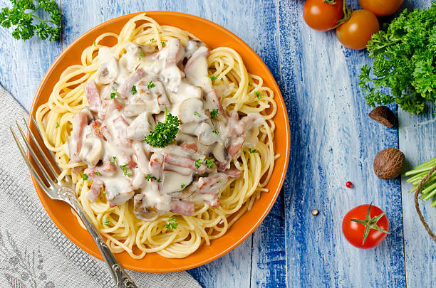 istock Spaghetti with Bechamel sauce, mushrooms and bacon 532404170