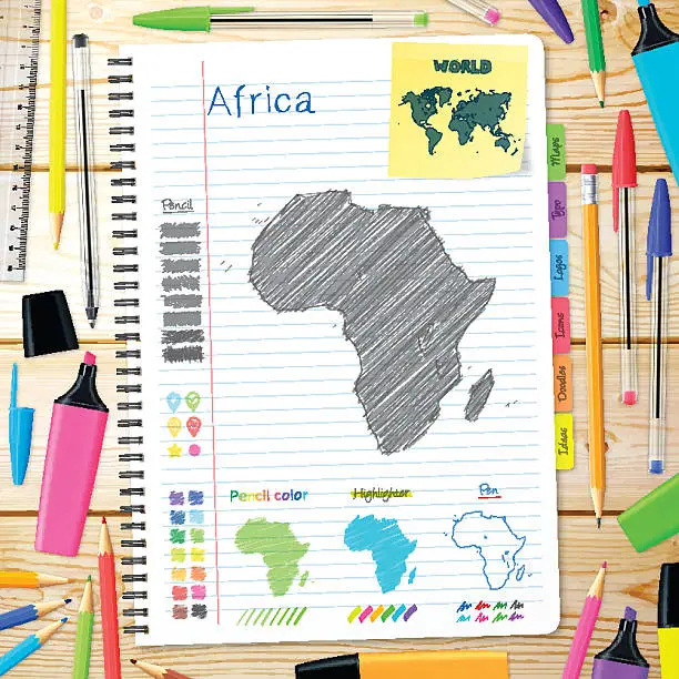 Vector illustration of Africa maps hand drawn on notebook. Wooden Background