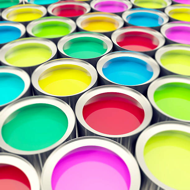 istock Group, collection tin metal cans with color paint dye. 3d 532407002