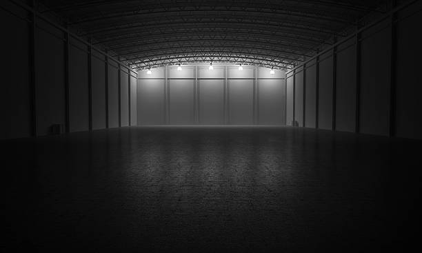 almacén vacío 3d oscuro de procesamiento de muestras - warehouse factory diminishing perspective vanishing point fotografías e imágenes de stock