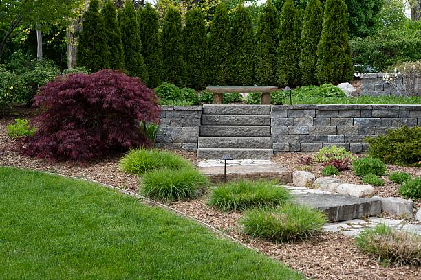 Professional Landscaping With Pavers and Boulders stock photo