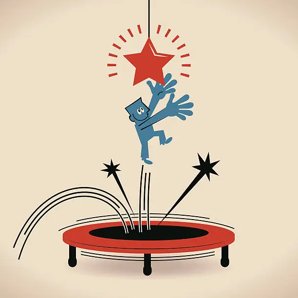 Vector illustration of Businessman trying to catch star by jumping on trampoline