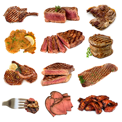 Collection of cooked meat images, isolated on white.  Includes beef and pork, steak, cutlets, filet mignon, schnitzel, rare roast beef and spareribs.