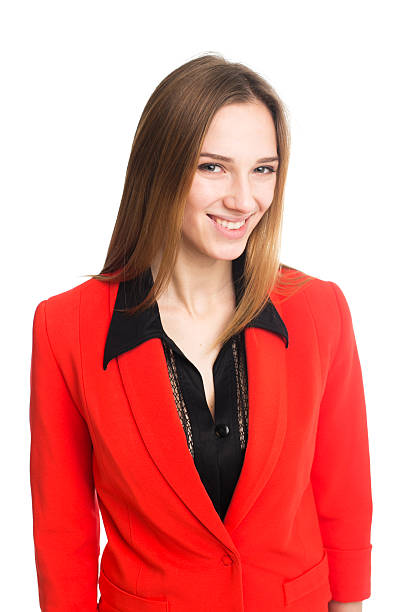 istock Pretty girl in red jacket posing in studio 532410893