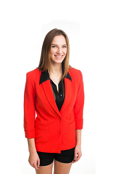 istock Pretty girl in red jacket posing in studio 532410953