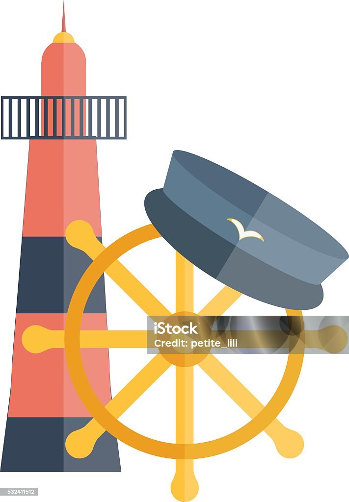 Vector cartoon flat nautical illustration Vector illustration with flat cartoon lighthouse, captain hat, ship wheel. Cartoon background for cruise company design or travel vacation logo. Nautical yachting illustration. Flat cruise design Cruise Ship stock vector