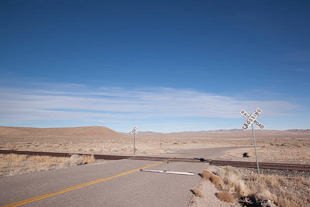 istock Railroad crossing tracks in the desert 532411872