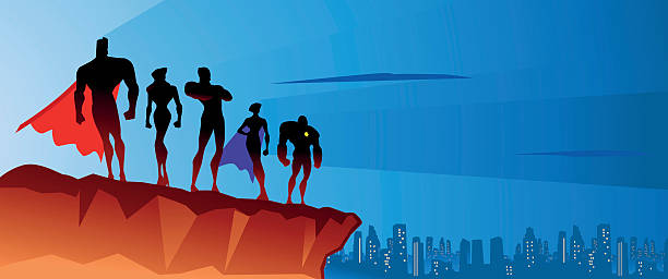 Superhero team on the top A silhouette style vector illustration of a superhero team on top hill with city skyline in the background. Perfect for Facebook cover or website header. AI CS5 file included. woman stealth stock illustrations