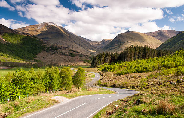 Glen Nevis The empty road through the valley of Glen Nevis in the Highlands of Scotland, beneath the mountain Ben Nevis. fort william stock pictures, royalty-free photos & images