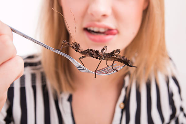 istock Woman eating insects with a fork in a restaurant 532412941
