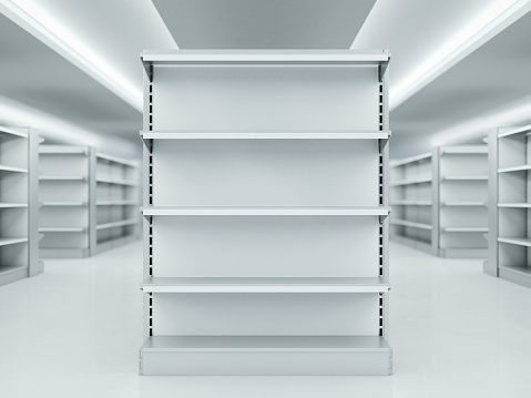 Metal clean shelves in market. 3d rendering