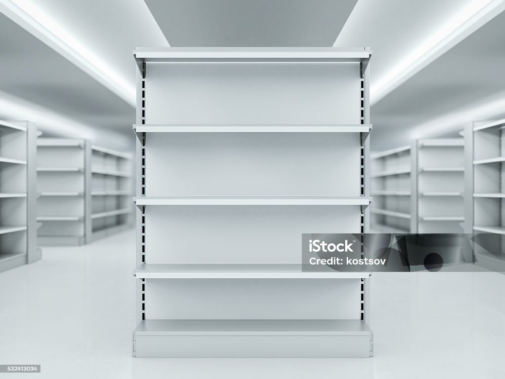 Metal clean shelves in market. 3d rendering Metal clean shelves in modern market. 3d rendering Shelf Stock Photo