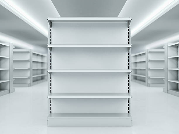 Metal clean shelves in market. 3d rendering Metal clean shelves in modern market. 3d rendering shelf stock pictures, royalty-free photos & images