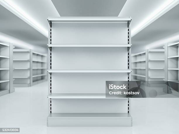 Metal Clean Shelves In Market 3d Rendering Stock Photo - Download Image Now - Shelf, Rack, Supermarket