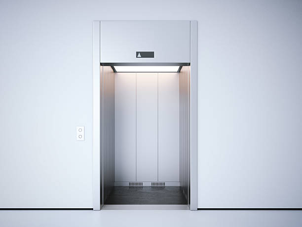 Modern elevator with opened doors. 3d rendering stock photo
