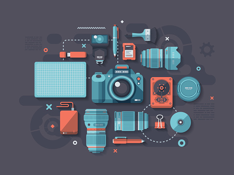 A concept illustration with flat design-styled vectors themed on photography. EPS 10 file, layered & grouped, 